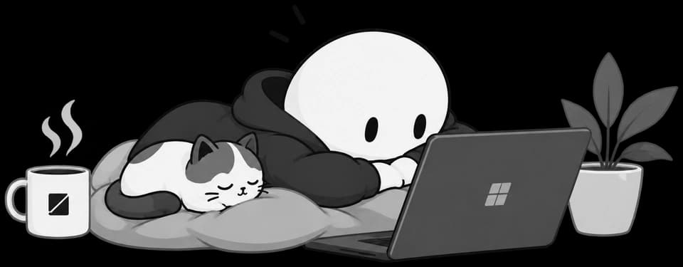 A round-headed character in a hoodie dozing over a laptop, a cat asleep beside them and coffee steaming nearby.